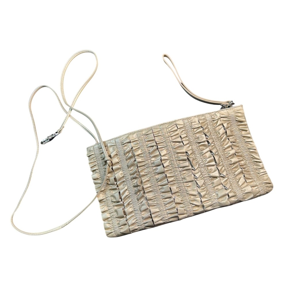 Hobo International Leather Crossbody Clutch Wristlet Ruched Gold Beige Purse